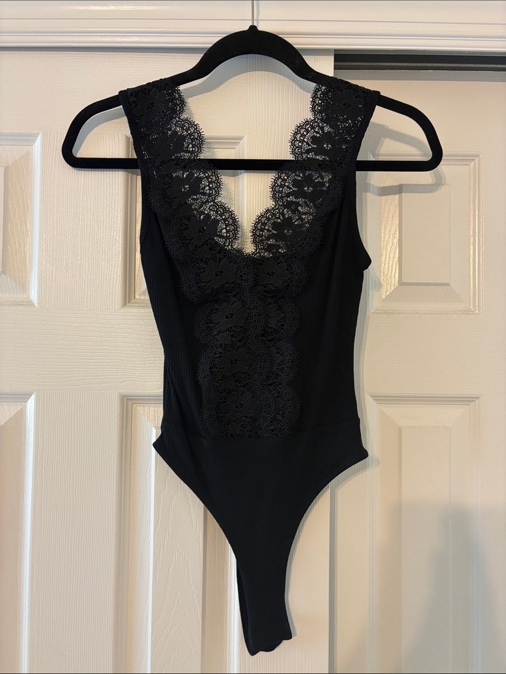 Lulu's Black Lace Trim Ribbed Bodysuit